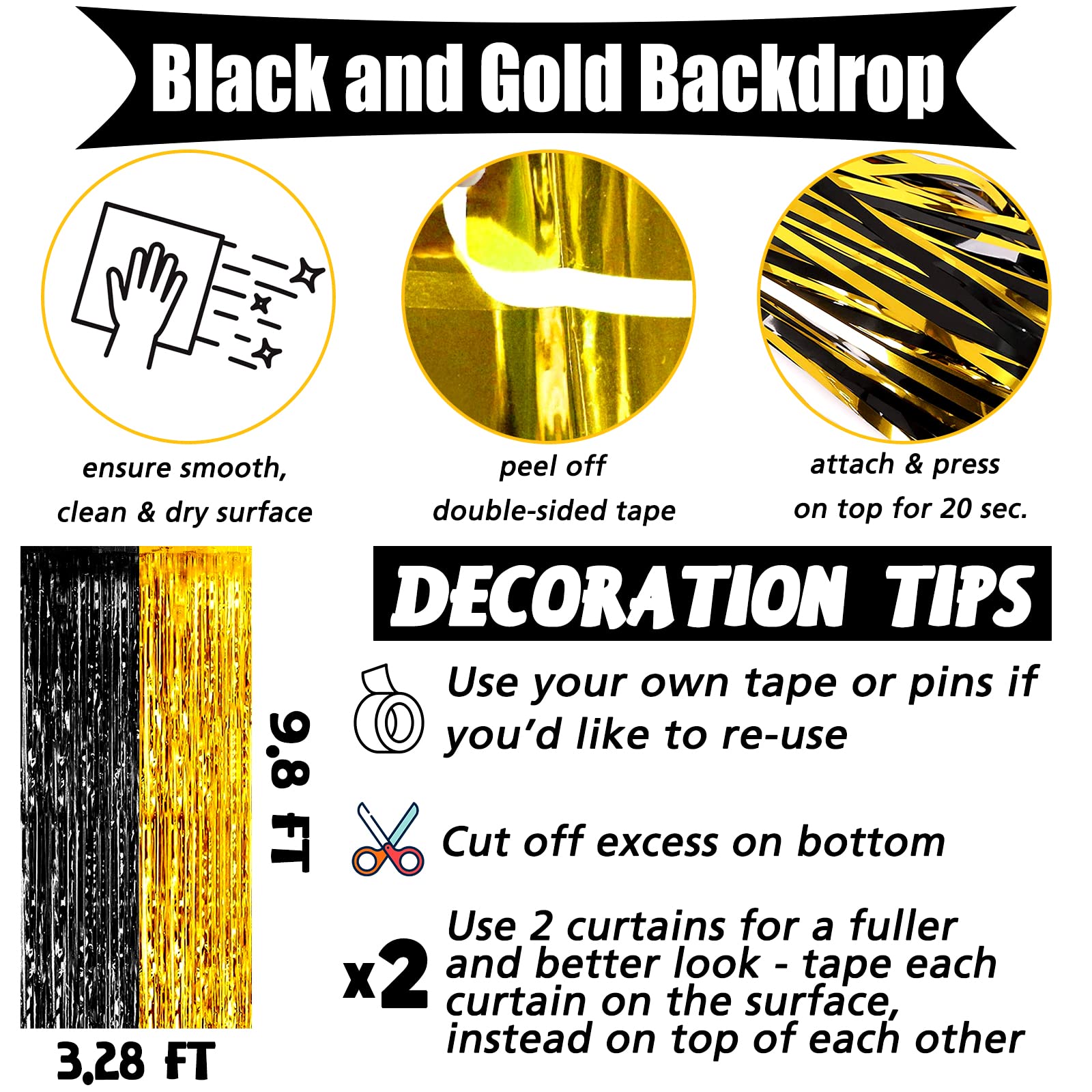 4 Pack 3.2Ft X 9.8Ft Black And Gold Fringe Curtain Backdrop, Metallic Tinsel Foil Fringe Streamers Curtains Background For Photo